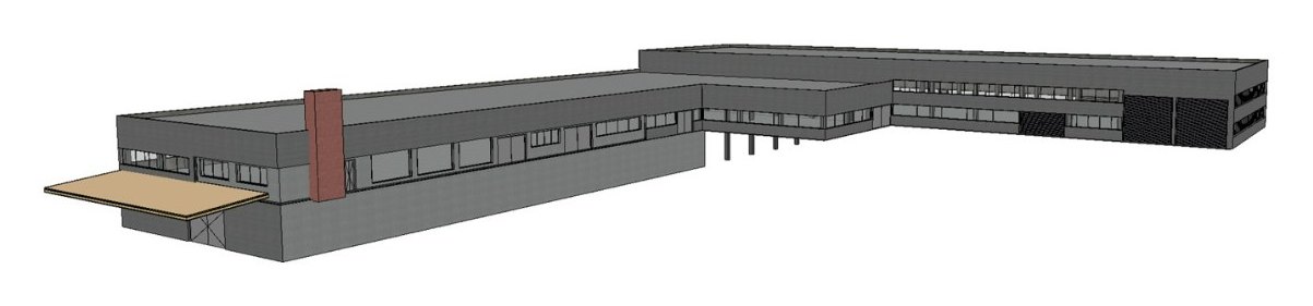BIM-Modell eines Hallenkomplexes in Revit, modelliert aus der Punktwolke