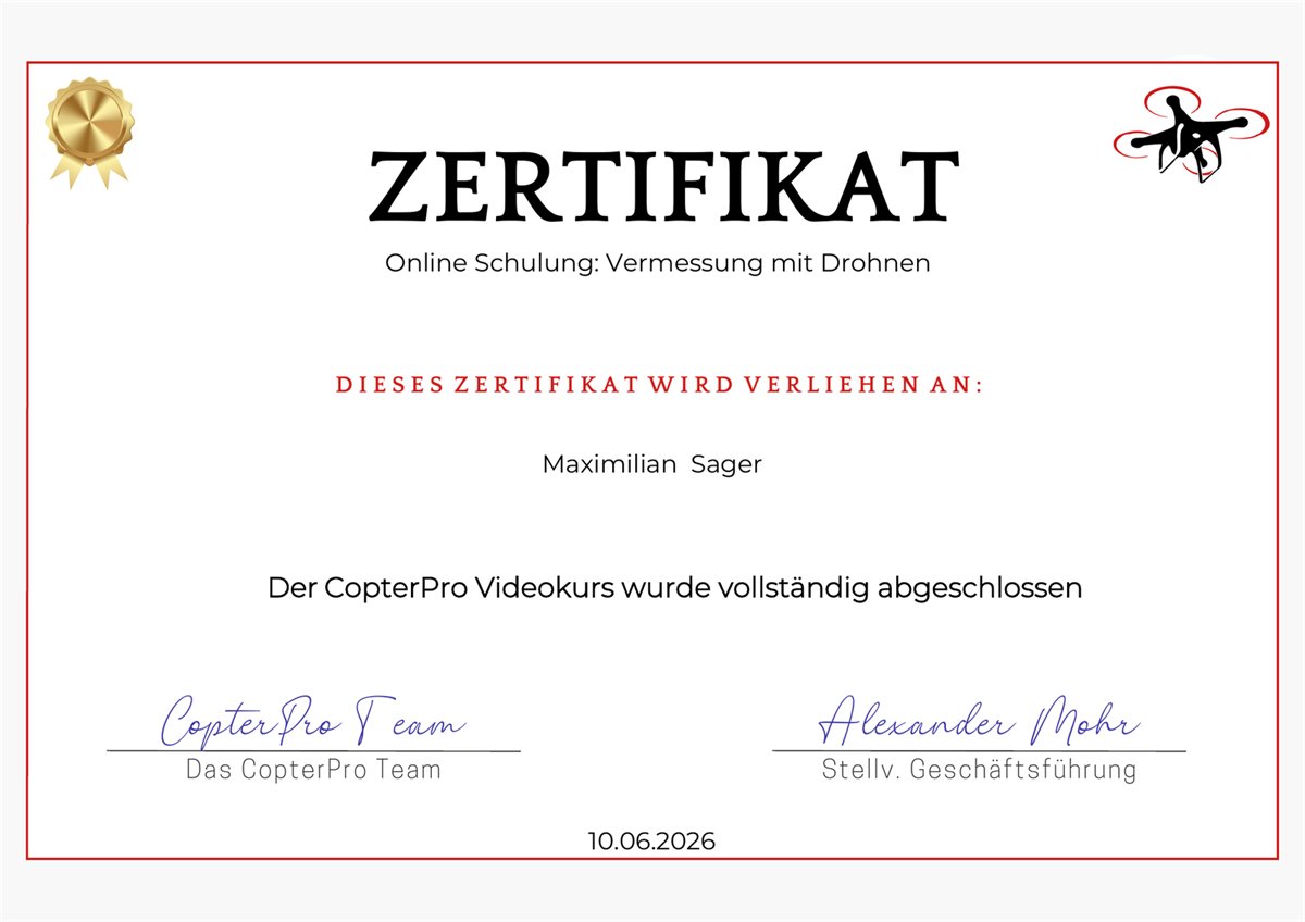 CopterPro-Zertifikat von Maximilian Sager zur drohnengestützten Datenerfassung