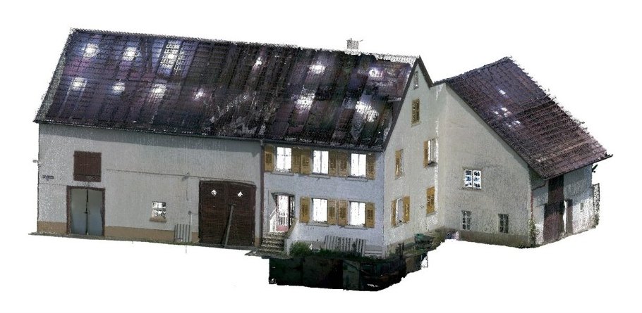3D-Punktwolke eines Wohnhauses mit Nebengebäude in der Außenansicht