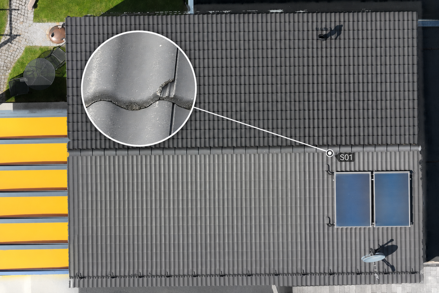 Dachinspektion mit markiertem Schadensdetail