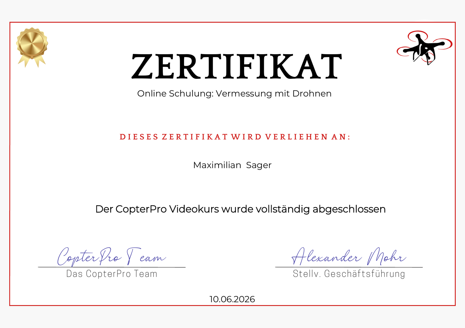 CopterPro Zertifikat von Maximilian Sager